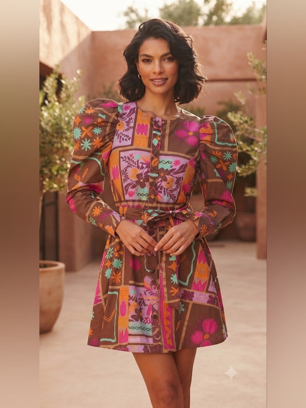 Karlie Floral Frame Puff Sleeve Patchwork Shirt Mini Dress - Size S